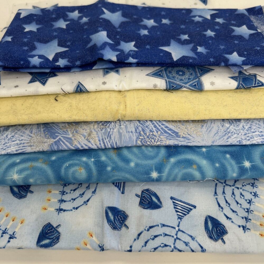 Cotton Quilting Fabric Bundle Blue Yellow Hanukkah Menorah Coordinating Lot of 6